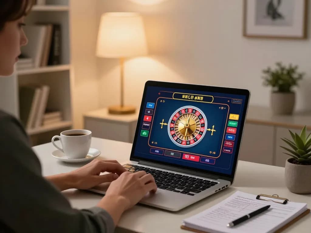 Engaging in an online casino game on ga6789 in a cozy home office setup with vibrant roulette interface
