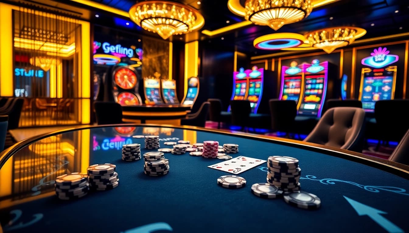 Bet88 casino scene showcasing an elegant poker table with vibrant chips and cards, highlighting luxury and excitement.