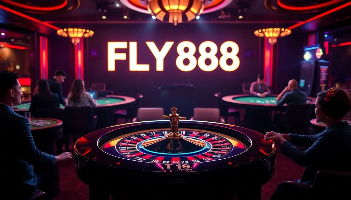 FLY88 casino scene with roulette table, poker chips, and vibrant lighting.