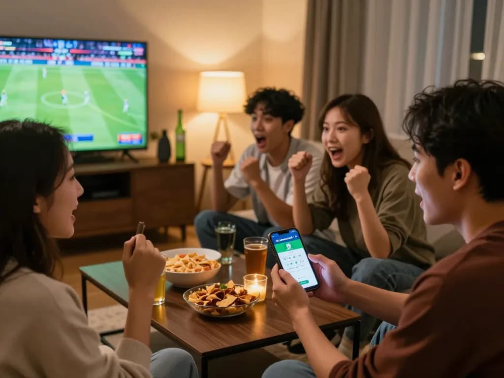 Friends enjoying live sports betting with keonhacai5 app on smartphone during an exciting game night.