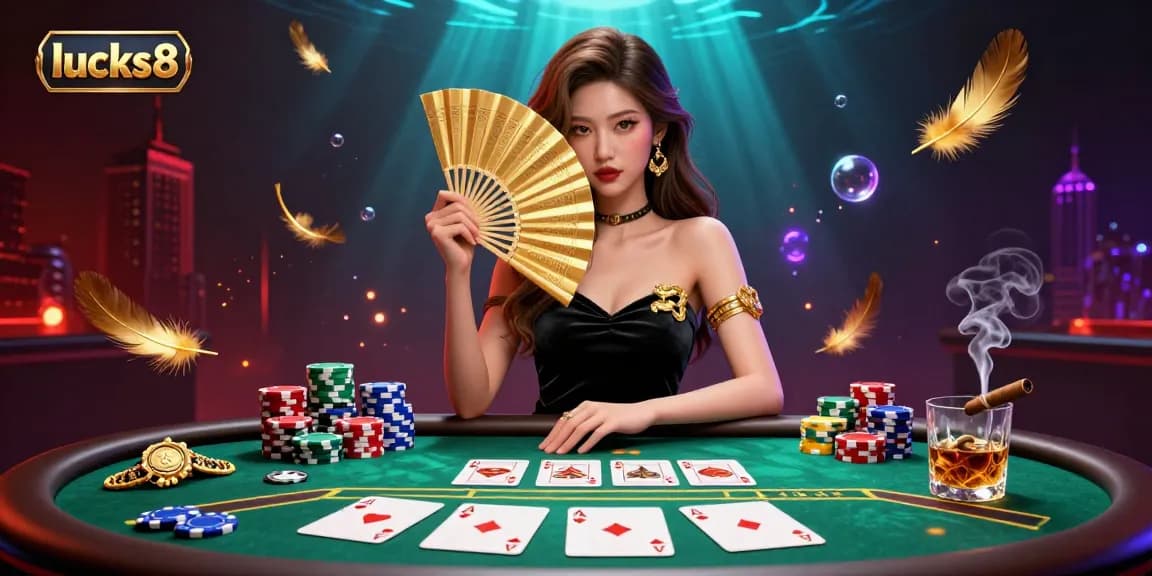 Experience excitement at lucks8 with a stunning 3D illustration of vibrant gambling elements and an elegant player.