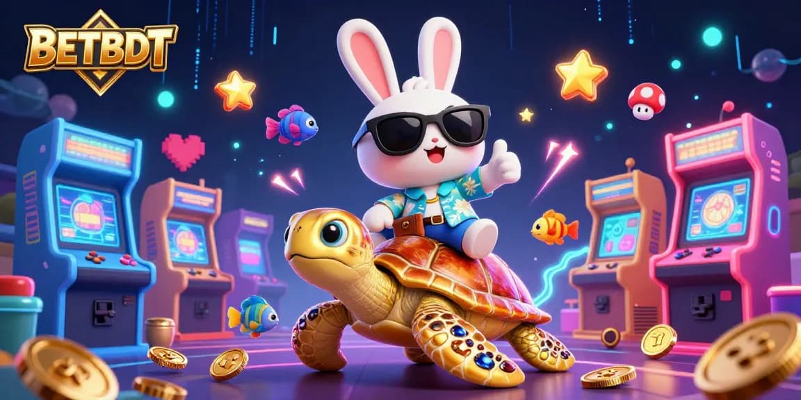 Join the fun at BETBDT, where a lucky rabbit and sea turtle ride through vibrant casino games.