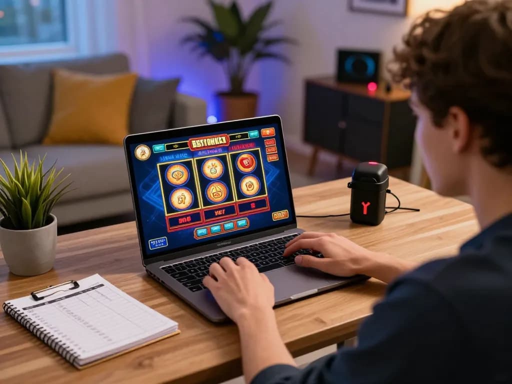 Engaged player exploring best online pokies at home on a laptop in a vibrant setting.
