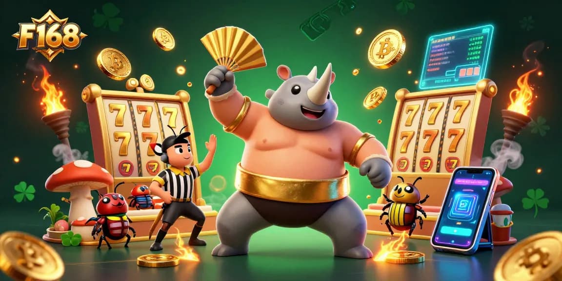 Engage in thrilling action at F168, where a beetle champion sends coins flying in a vibrant casino scene.