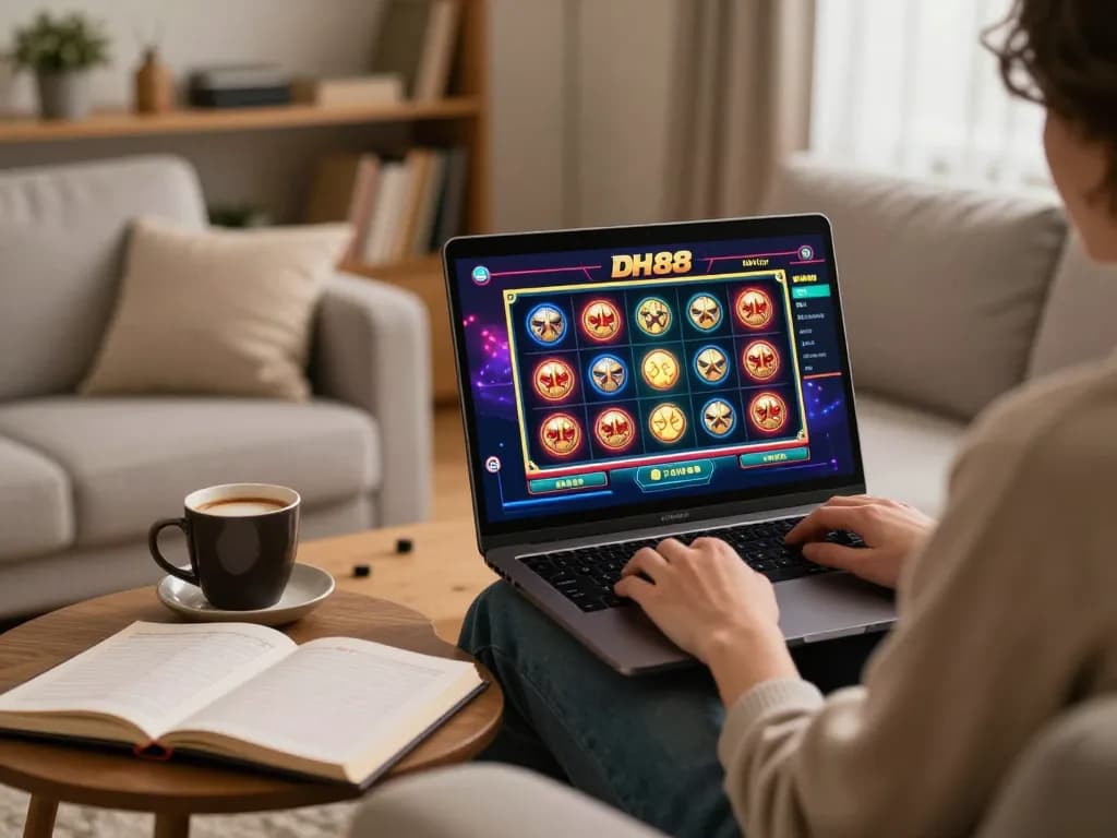 Player engaging with exciting slot games on DH88 using laptop in a cozy home setting.
