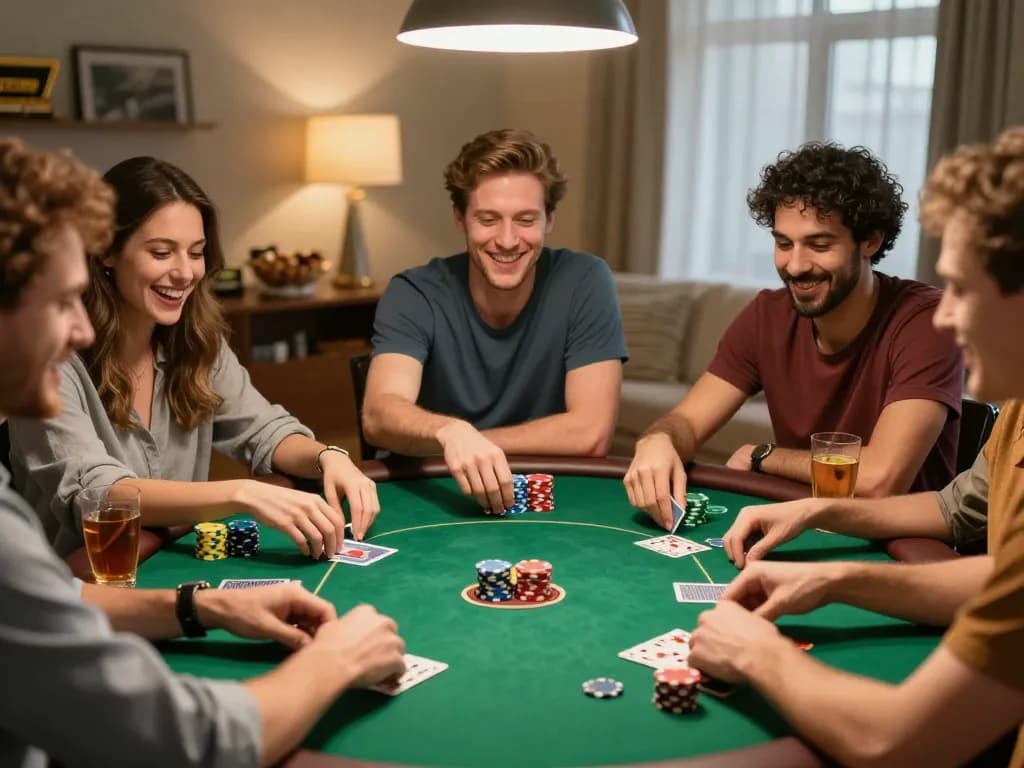 Players enjoying a lively poker game at home, engaging with 789WIN poker strategies.