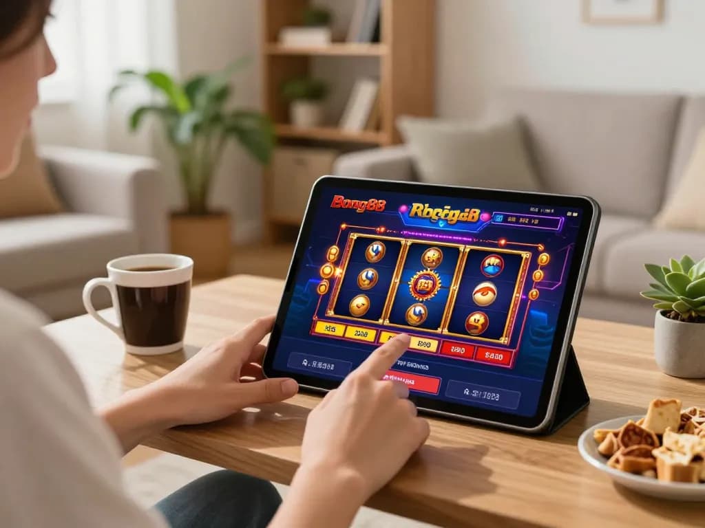 Bong88 user engaging with online slots on tablet, cozy living room setup.