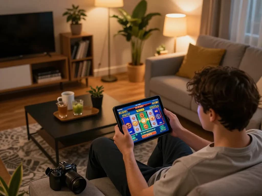 Engaging in a thrilling VK88 online casino gaming session on a tablet in a cozy living room.