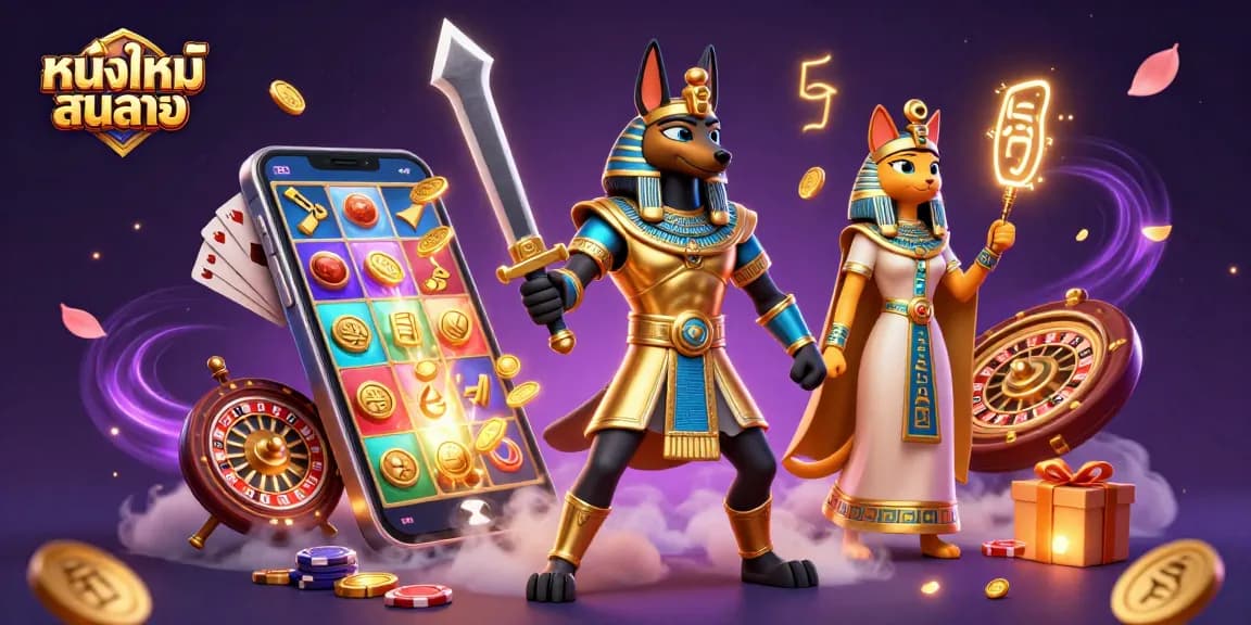 Play engaging slot games in a vibrant scene featuring หนังใหม่ชนโรง with ancient Egyptian characters and glowing hieroglyphs.