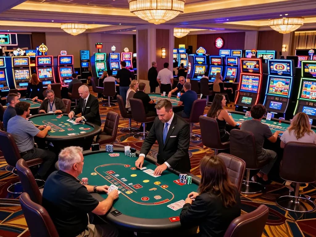 Players at a vibrant Las Vegas casino engaging in a high-stakes game of blackjack, highlighting the excitement of VA88.