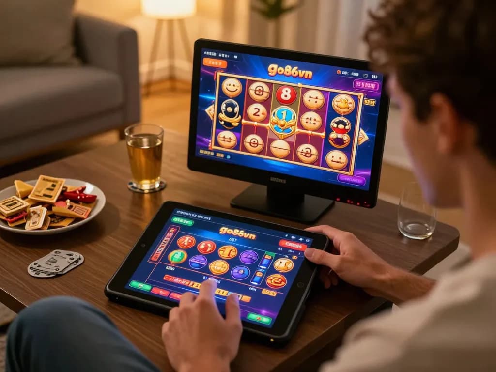 Player interacting with go86vn on tablet for an exciting online casino experience at home.
