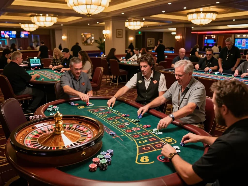 Players experiencing thrilling roulette action at KJC casino, vibrant atmosphere with colorful chips and celebratory moments
