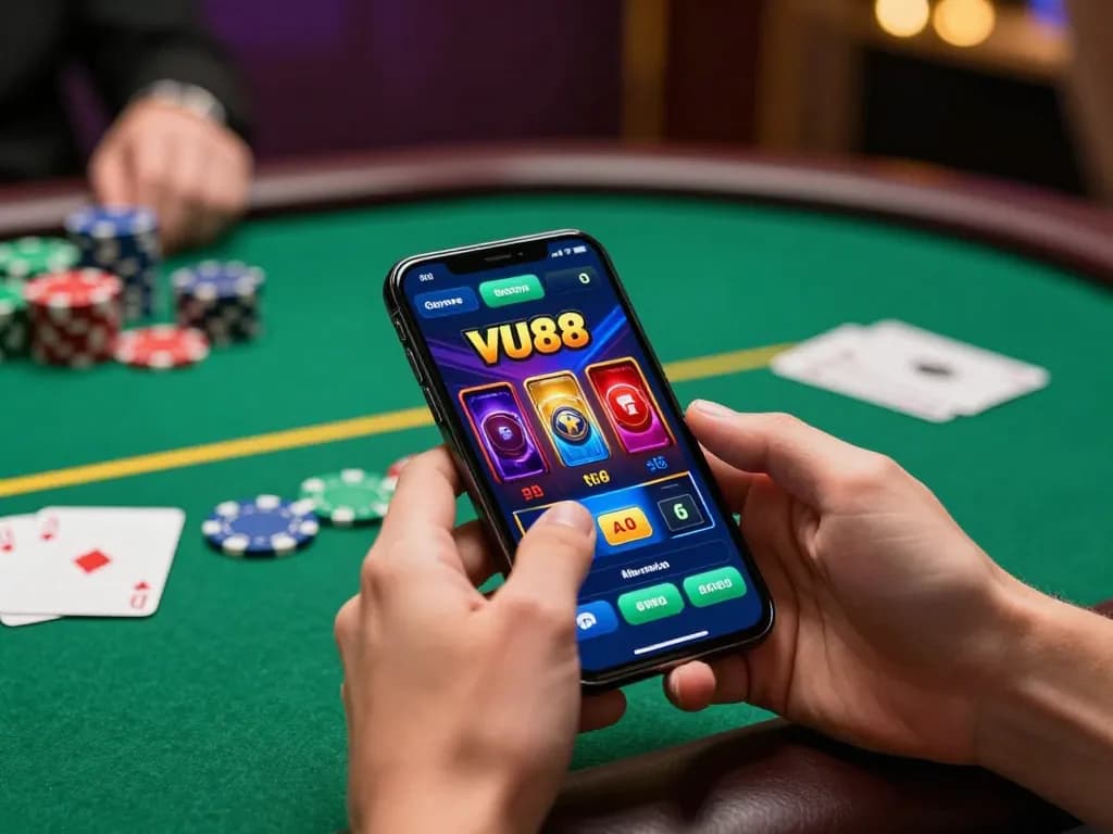Player engaging with the VU88 casino app on smartphone, showcasing vibrant gaming action.