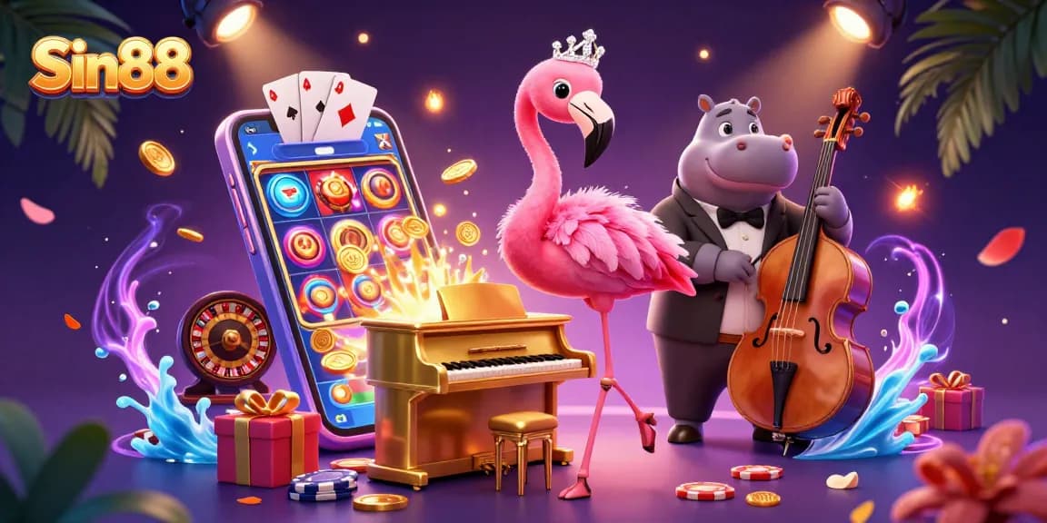 Sin88 entertainment featuring a flamingo singer and hippo bassist in a vibrant casino scene.