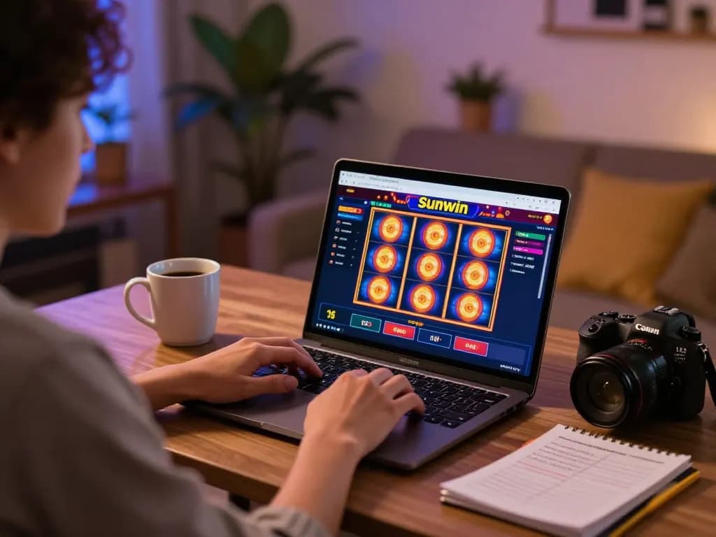 Engaging player explores Sunwin gaming interface while having a cozy home gaming session.