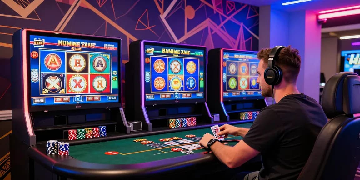 Player engaged at credit card casinos at mhfe.org.uk, vibrant gaming setup showcasing slot games, energetic atmosphere with modern design.