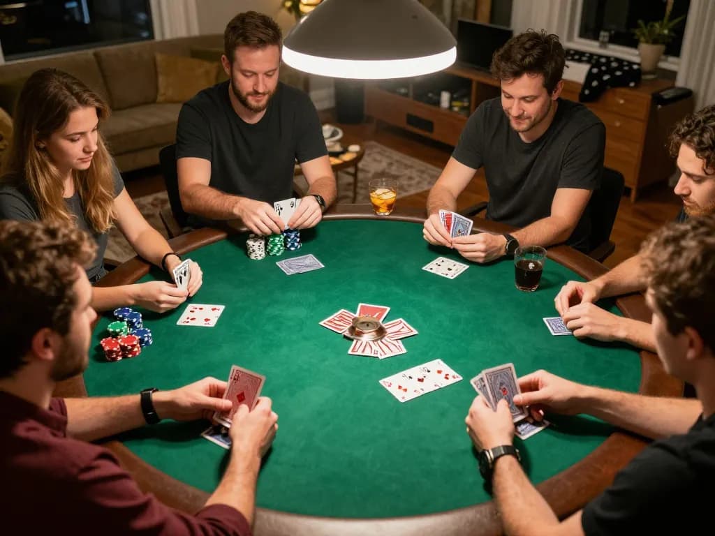 Cakhia players enjoying a thrilling game of poker at home, showcasing strategic hands and camaraderie.