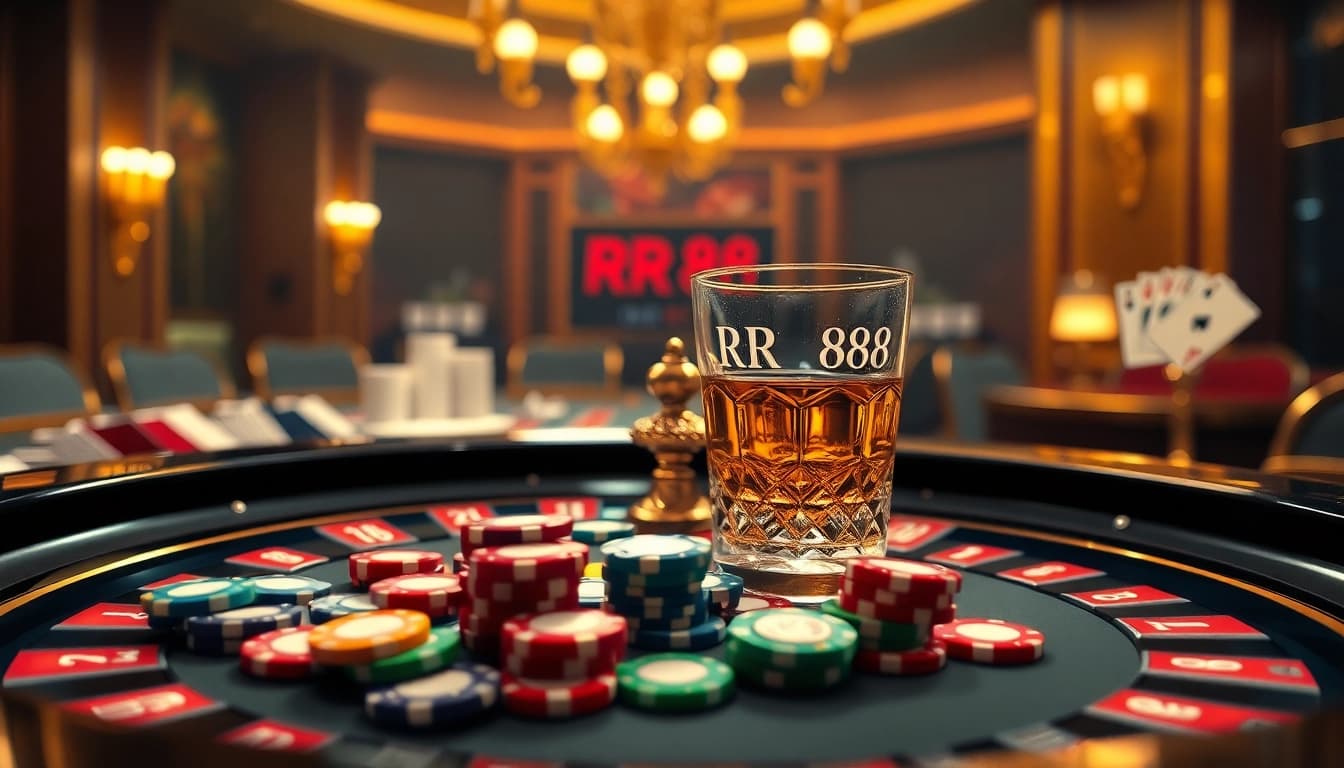 Experience the thrill of casino gaming at RR88 with vibrant poker chips and luxurious roulette.