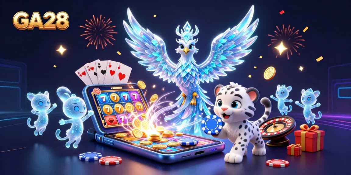 Engage in vibrant gaming experiences with GA28, featuring a mystical phoenix, slot games, and poker chips.