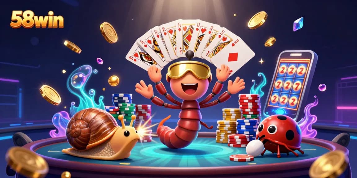 Experience thrilling gameplay at 58win with casino elements and vibrant 3D illustration.