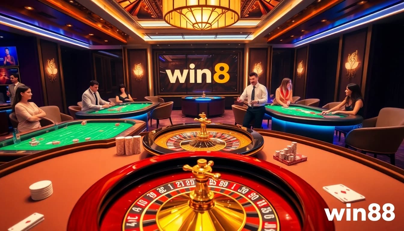 Experience immersive gaming at win88 with luxurious casino tables and vibrant atmosphere.