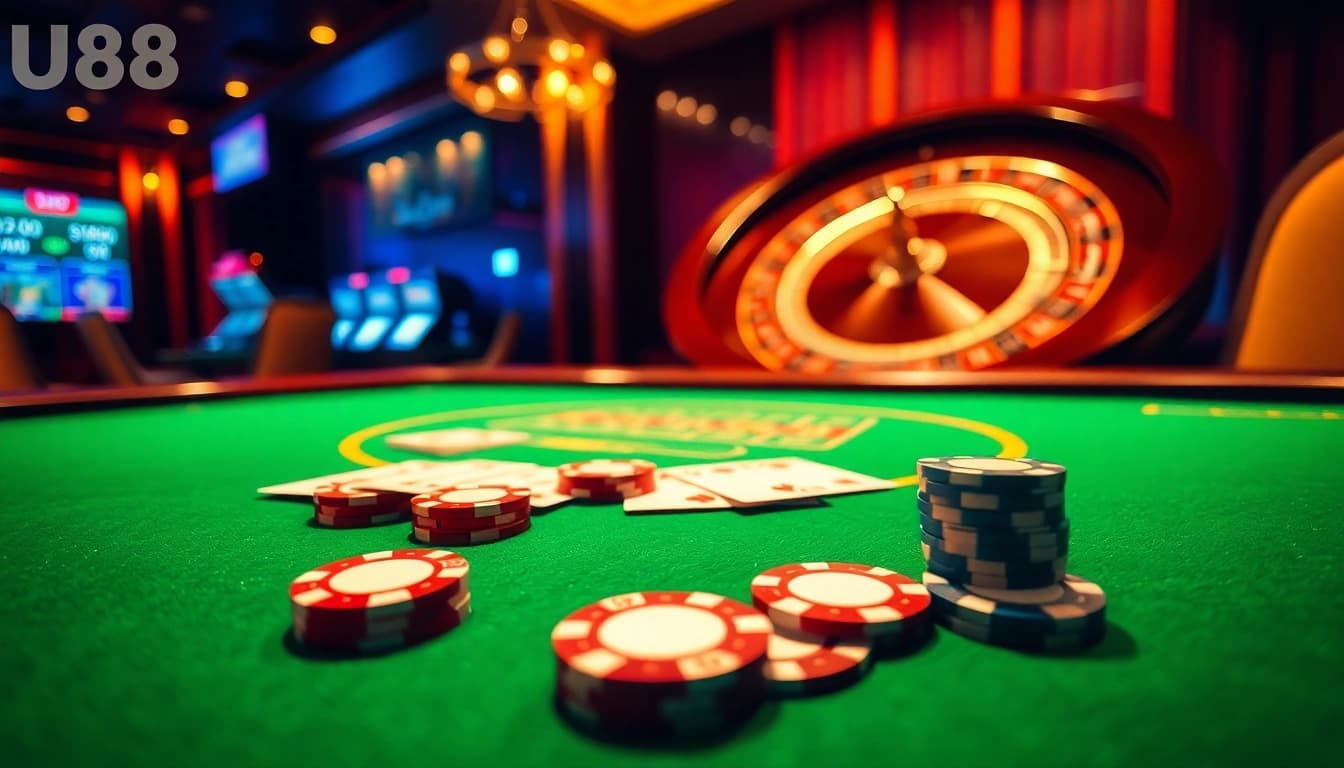 U888 poker action with vibrant chips and cards at a luxury casino table