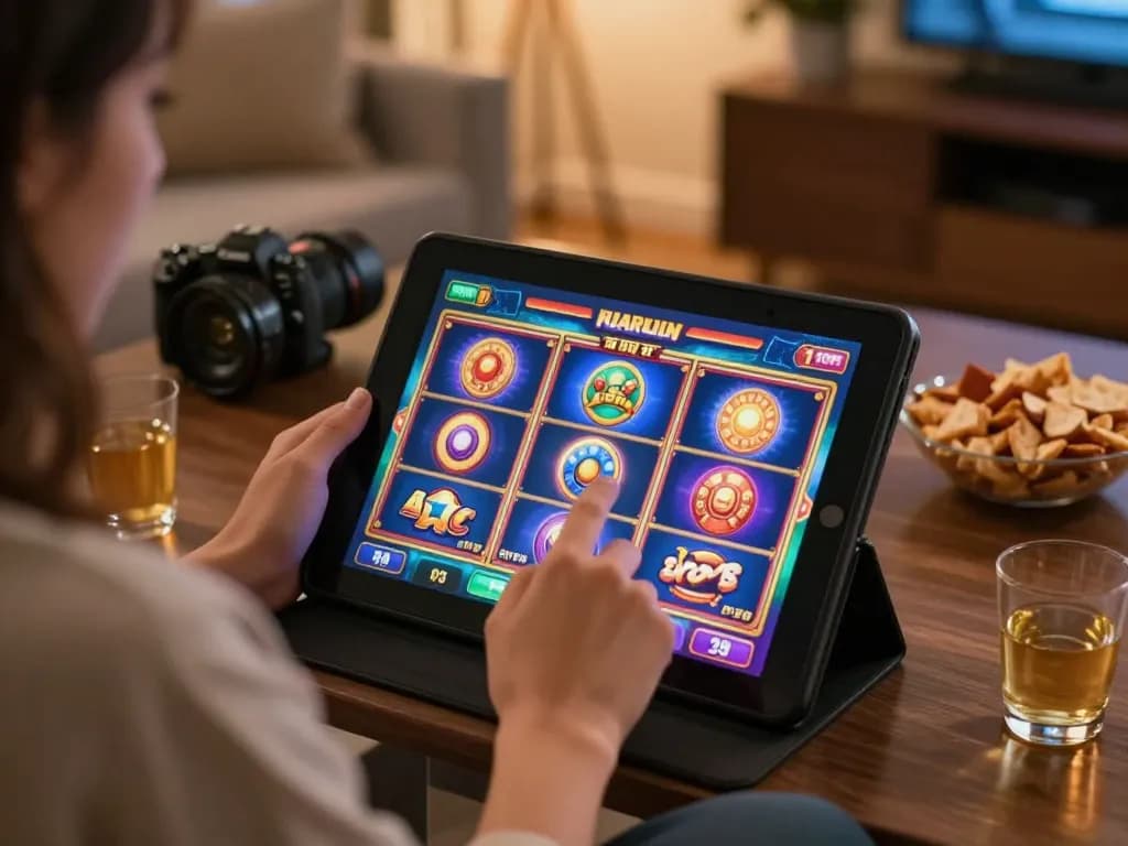 TG88 user enjoying online slot games in a cozy living room, engaging with tablet under warm lighting