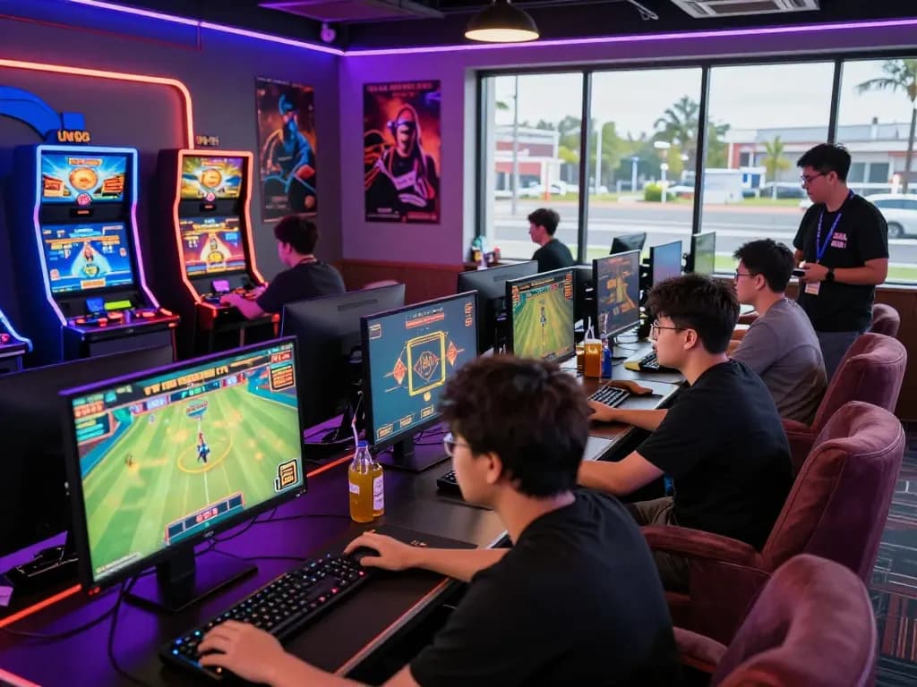 Engaging gaming lounge at NK88 com with excited players and immersive atmosphere
