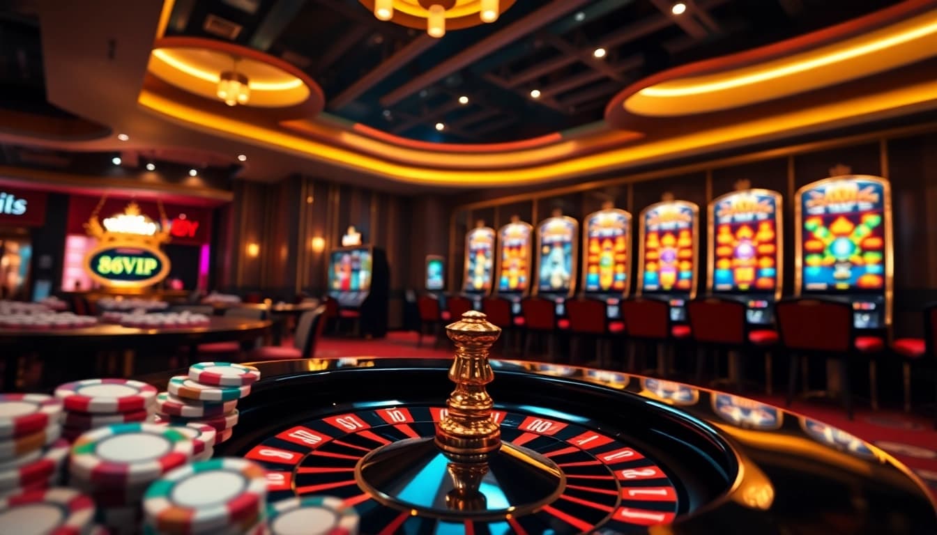 Tải App Nhà Cái 68VIP with vibrant casino elements including poker chips, roulette wheel, and slot machines.