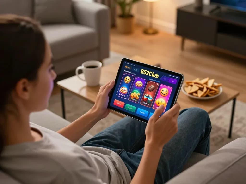 Engaging online gaming experience at B52Club with a player using a tablet in a cozy setting.