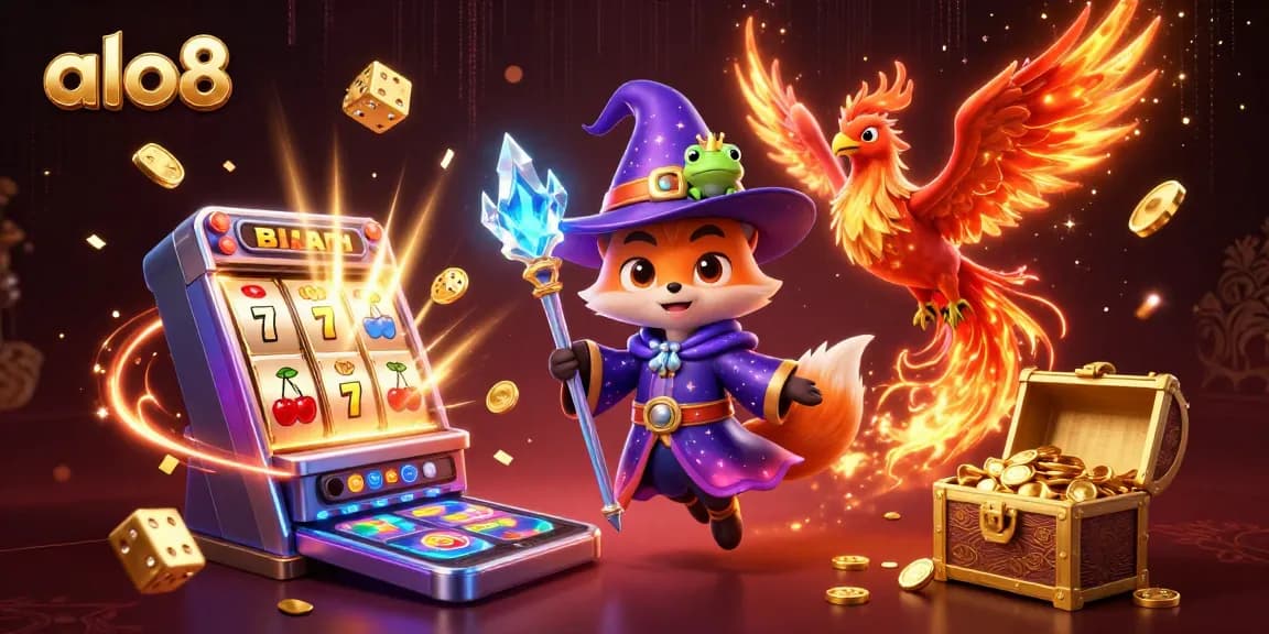 Alo8 captivates players through a magical scene with a wizard fox and explosive slot elements.
