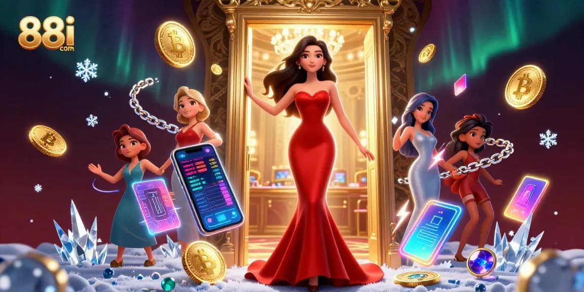 Join the excitement of 88i com with a stunning casino scene showcasing a beautiful woman and crypto elements.