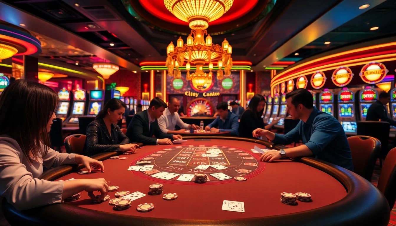 Players enjoy poker at TV88, surrounded by roulette and slot machines in a vibrant casino.