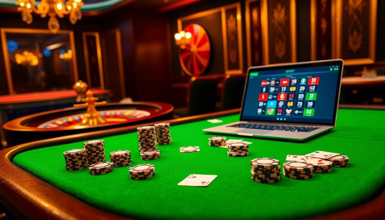 Experience thrilling betting at 8KBET with a luxurious casino setting filled with poker and roulette excitement.