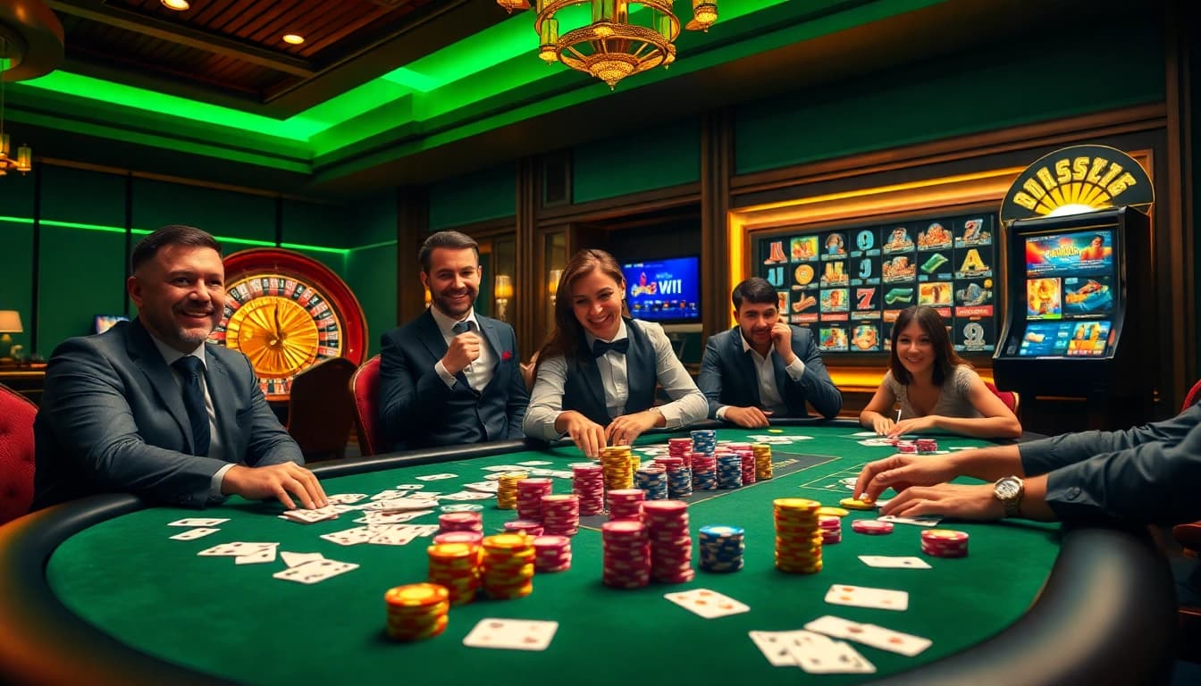 Players enjoying a thrilling game at the poker table in the vibrant 888 VI casino.