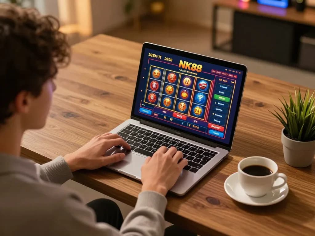 Play NK88 casino games on a laptop at home, showcasing online gambling strategy.