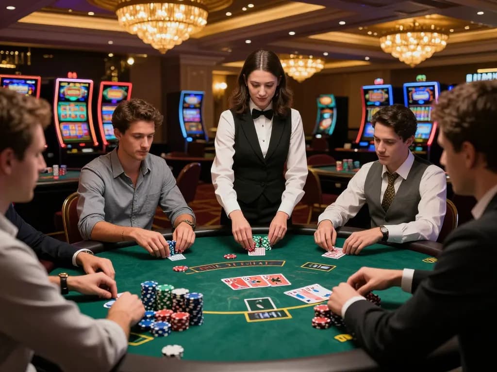 Dynamic blackjack table at nhà cái CM88 showcasing players engaged and focused, capturing the thrill of casino gaming.