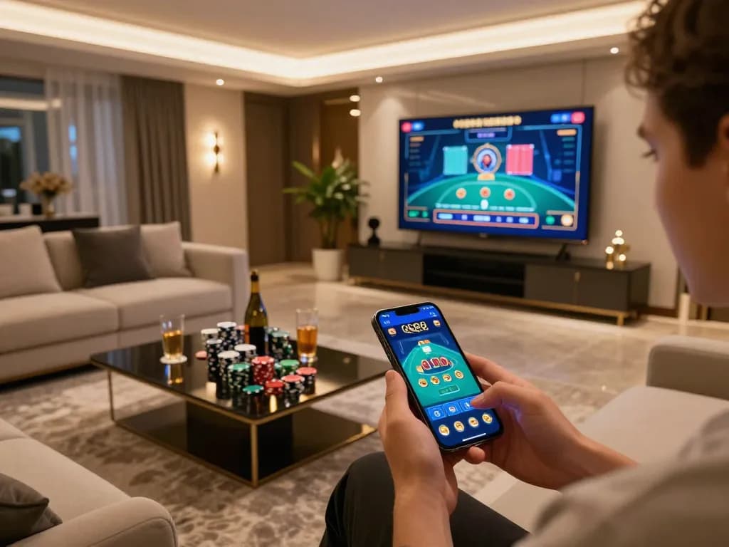 Player enjoying QQ88 mobile gaming experience in a cozy living room with vibrant atmosphere