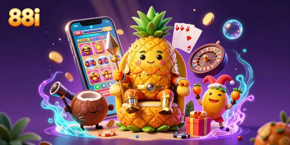 88i's vibrant casino scene illustrating a golden pineapple king and game elements for an exciting gaming experience.