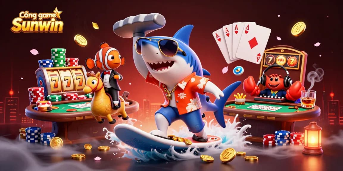 Cổng game Sunwin showcases an exciting 3D scene with a hammer-head shark and colorful casino elements, delivering thrilling gaming action.