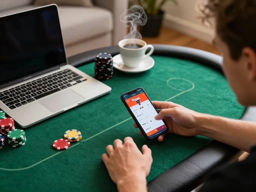 Player using the Fabet app for online poker strategy with colorful chips and laptop.
