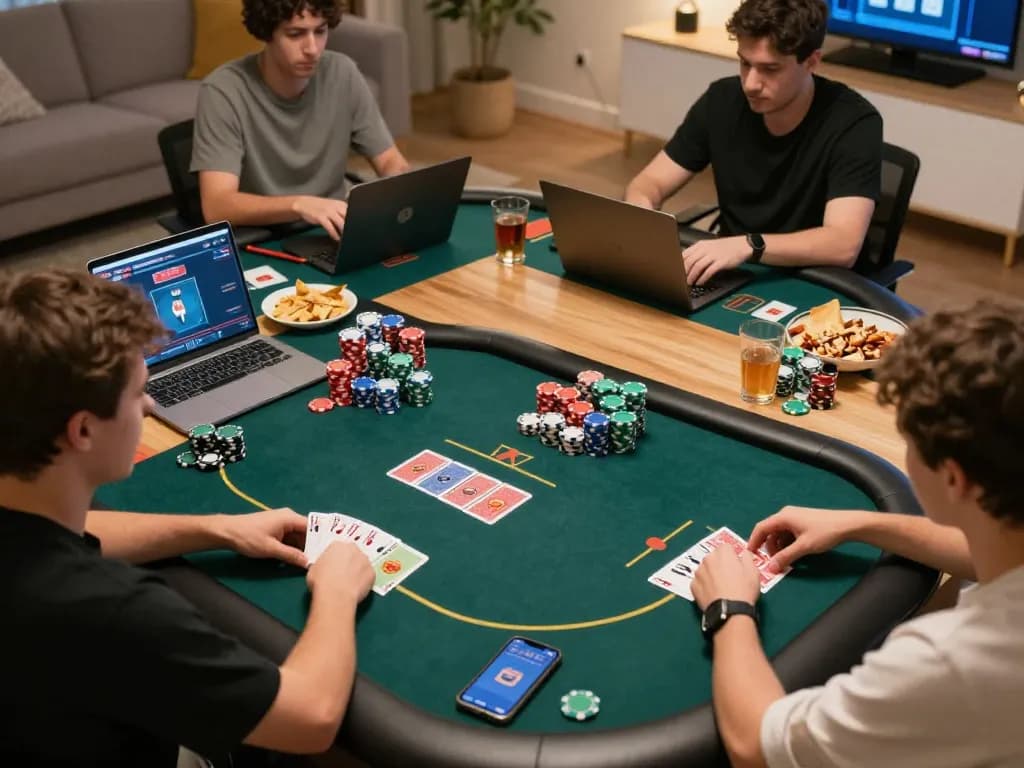 Engaging online poker session with tr88 link on screen, showing players' hands and chips in strategic play.