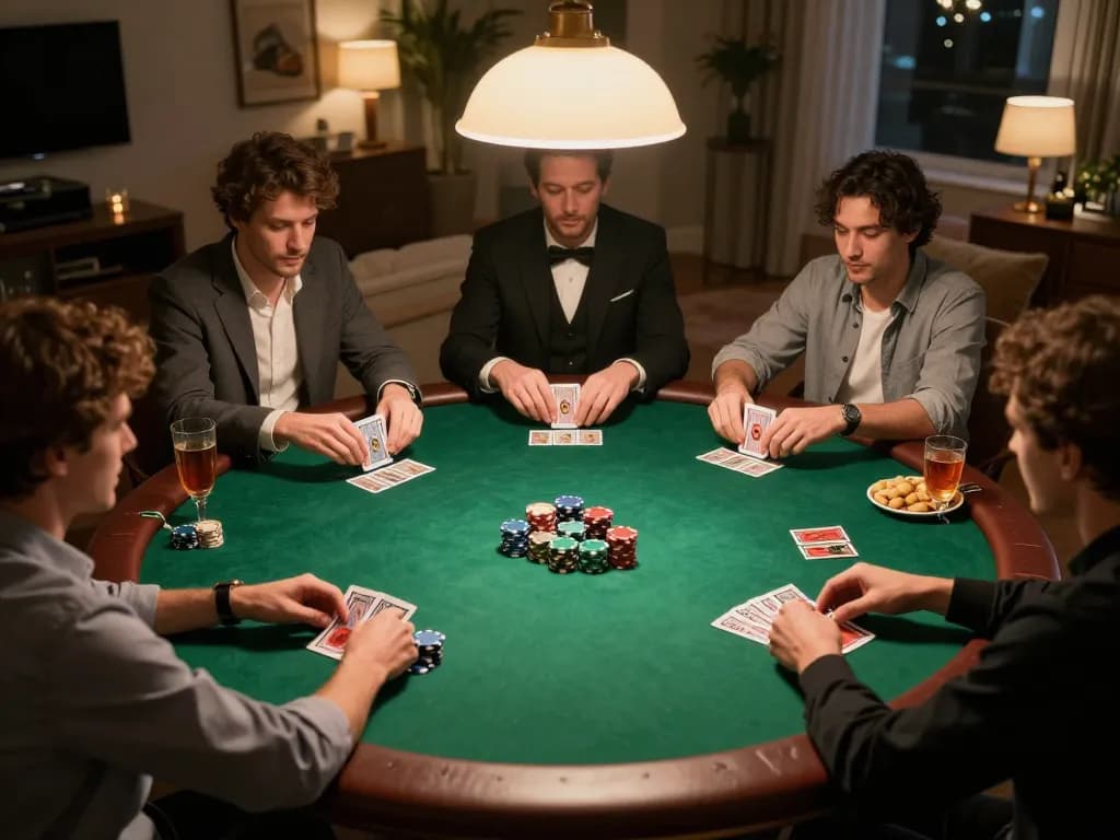 KUBET players competing in an engaging poker game at home, chips and cards visible.