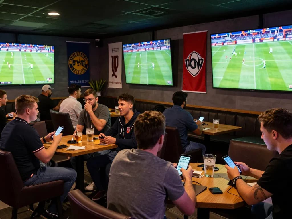 Bettors engaging on mobile devices while placing bets at Bong88 sports lounge during a crucial match.