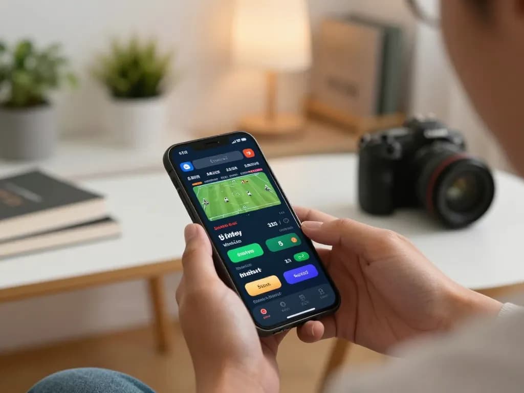 Exciting smartphone action displaying tỷ lệ kèo nhà cái 5 during live sports betting at home