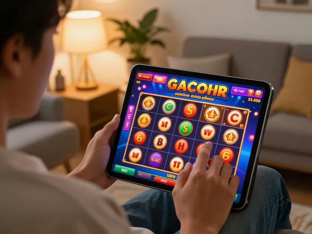 Engaging with slot gacor games on tablet in a cozy living room setting, showcasing responsible gaming.