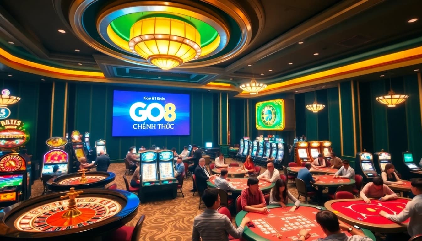 Experience the thrill of GO8 CHÍNH THỨC with vibrant casino visuals featuring players and games.