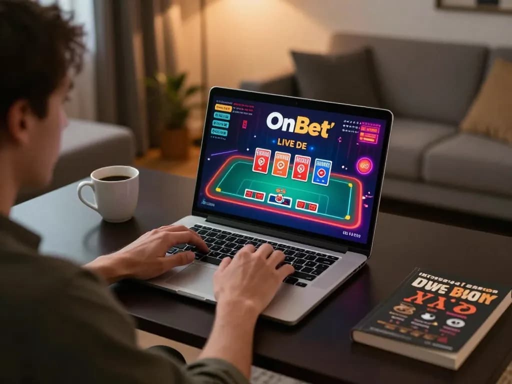 Engaging user at OnBet's online casino gameplay on a laptop with betting strategies.