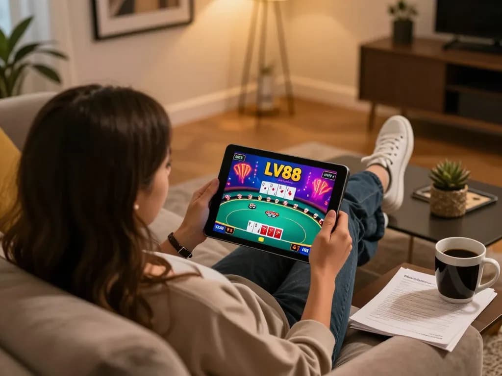 Player engaging with online poker on LV88 tablet in a cozy home setup, promoting responsible gambling.