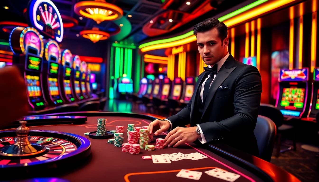A vibrant casino scene featuring the excitement of a gambler engaging with Mubet's lavish poker tables and slot machines.